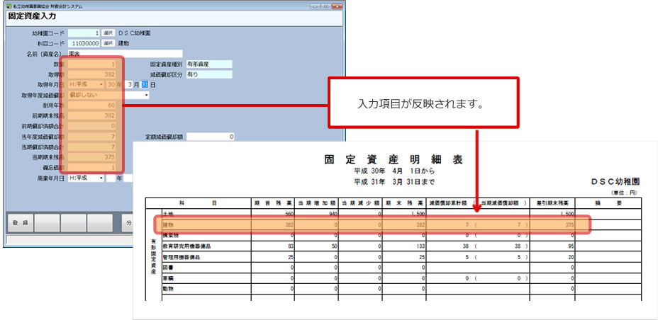 固定資産入力画面例　固定資産明細表に入力項目が反映されます。